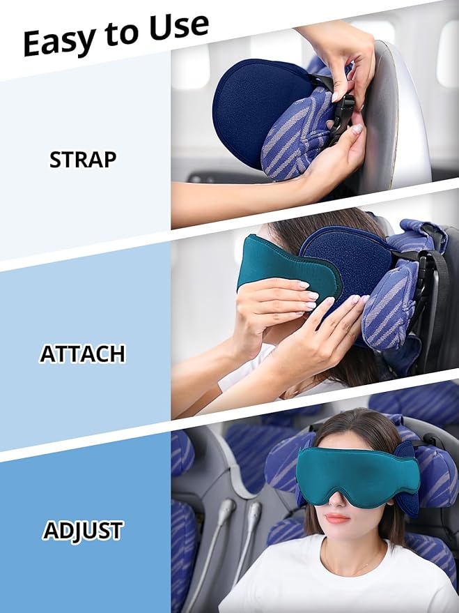 Inspireyes Travel Pillows for Airplanes, 360° Head Support for Long Flight, Soft Airplane Pillow with 3D Eye Mask for Sleeping, Stop Bobblehead, Airplane Headrest Gadgets, Lake Blue