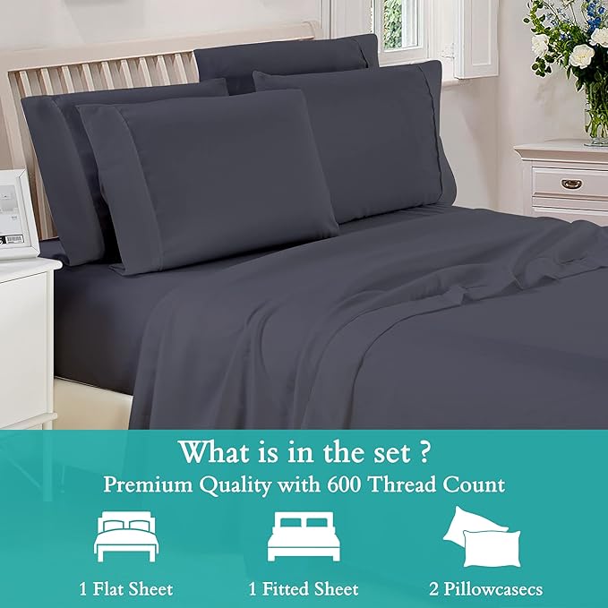 King 4 Pc Sheet Set 600 TC Egyptian Cotton Sheets King Size Cotton Sheets for King Size Bed Sateen Long Staple Deep Pockets Flat Fitted Pillow Case Better Than Percale Hotel Quality Grey