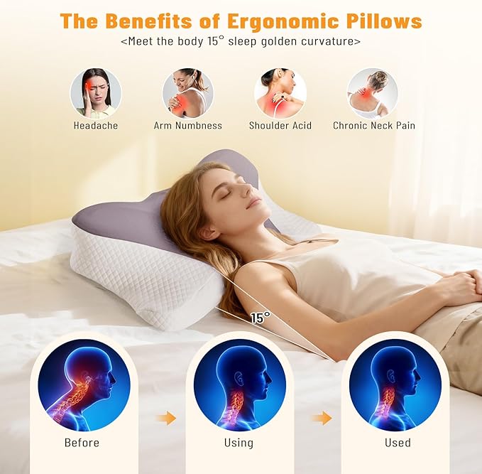 Cervical Neck Pillow Set of 2, Memory Foam Pillow for Neck Pain Relief, Ergonomic Bed Pillow with Neck Support for Side, Back & Stomach Sleepers, Queen, Dark Grey