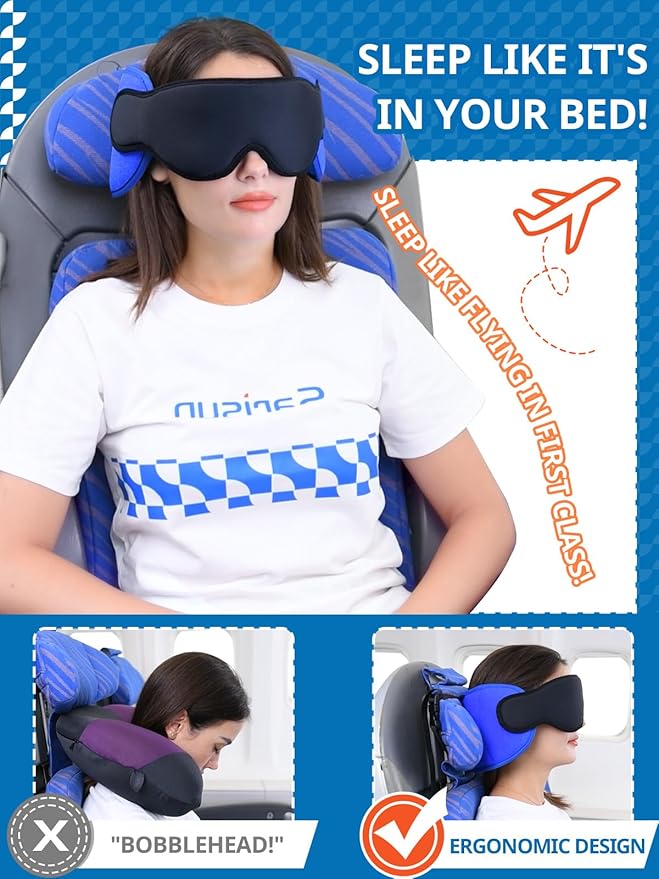 SARISUN Travel Pillows for Airplanes, 2 Pack Airplane Pillows for Long Flight with Sleep Eye Mask, Plane Head Strap for Road Trip, 360° Support for Sleeping, Stop Bobblehead Travel Essentials, Black