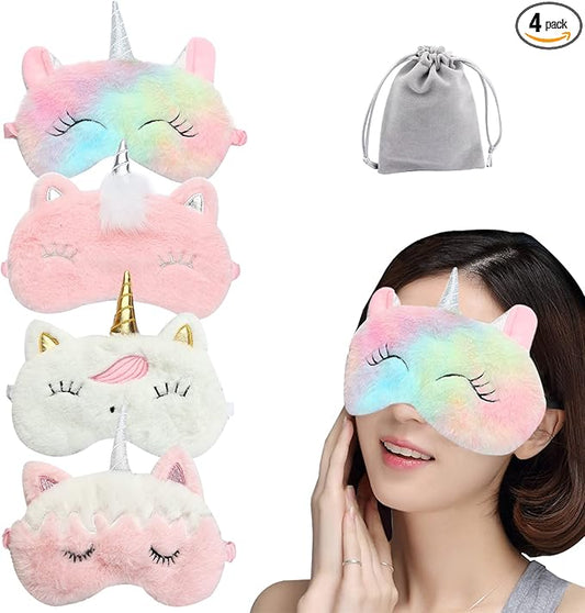 4 Pcs Cute Sleep Mask Animal Sleep Mask Soft Plush Blindfold Eye Covers for Sleeping Women Girls Kids