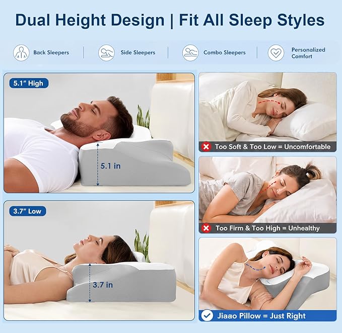Cervical Pillow for Neck Pain Relief, Sleep Apnea Pillow, Cooling Memory Foam Pillow Ergonomic Orthopedic Contour for Side, Back and Stomach Sleepers, 2 in 1 Neck Shoulder Relief System Bed Pillow