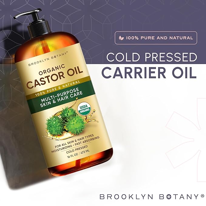 Brooklyn Botany Cold-Pressed Organic Castor Oil | for Hair, Skin and Face | 16 Fl Oz | 100% Pure and Natural | Carrier Oil for Essential Oils, Aromatherapy and Massage | Hexane Free