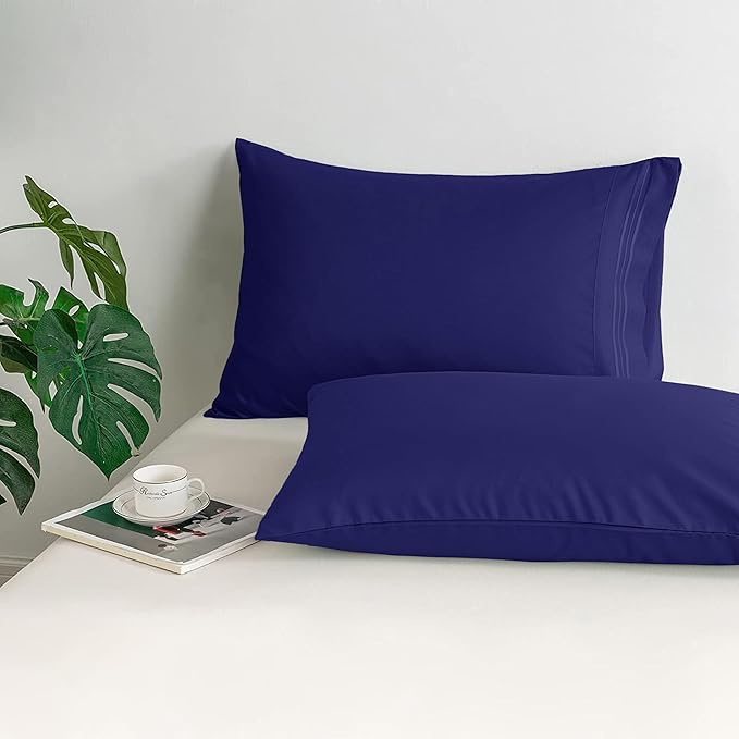 Mocassi 2-Piece Premium King Pillowcase Set 1800 Series Hotel Quality Microfiber - Soft and Breathable with 3-Line Embroidery Wrinkle and Stain Resistant, Easy Care, 20" x 40", Imperial Blue