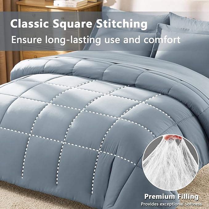 CozyLux Oversized Queen Comforter Sets Grayish Blue, 7 Pieces Bed in a Bag, 98x98 Box Stitched Design Bedding Set, All Season Soft Bed Set with Down Alternative Comforter, Sheets, Pillowcases & Shams