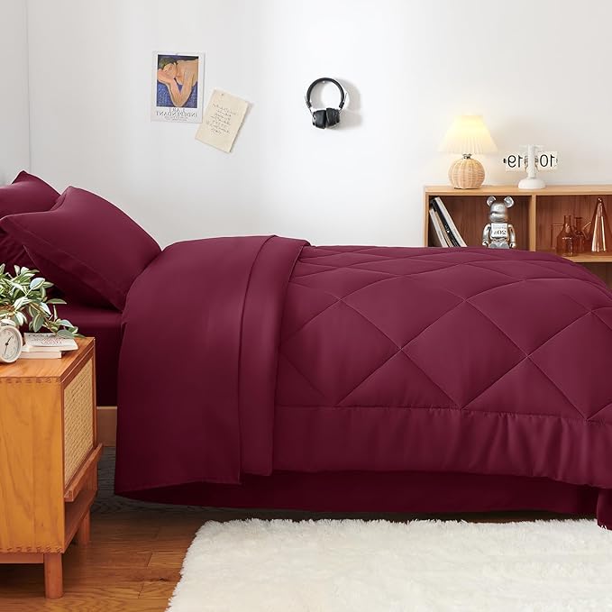 CozyLux Twin XL Comforter Set Burgundy - 5 Pieces Twin Extra Long Bed in a Bag for College Dorm, All Season Bedding Set for Girls and Boys, Soft Bed Set with Comforter, Sheets, Pillowcase & Sham