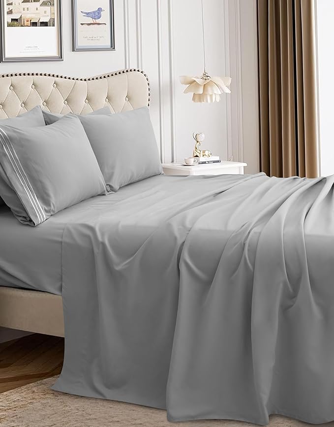 Mocassi Luxury Twin 4-Piece Sheet Set - 1800 Premium Hotel Quality - Easy-Fit, Wrinkle, Fade Resistant Bed Sheets and Pillowcases - All Around Elastic Fitted Sheet, Deep Pocket, Silver