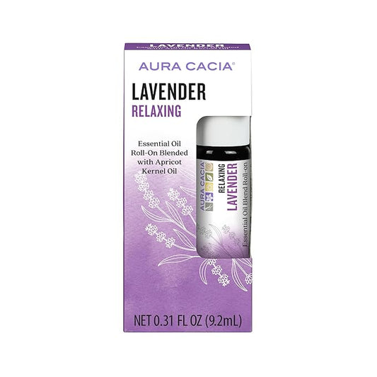 Aura Cacia Aromatherapy Roll-On, Lavender - Pre-Blended Essential Oils in Apricot Kernel Carrier Oil for a Relaxing and Soothing On-the-Go Experience | 0.31 Fl Oz (Pack of 1)