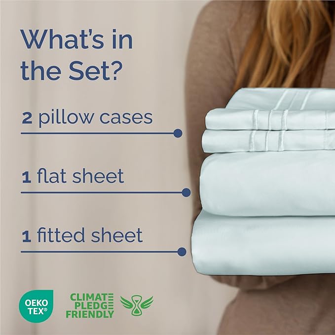 King Size 4 Piece Sheet Set - Comfy Breathable & Cooling Sheets - Hotel Luxury Bed Sheets for Women & Men - Deep Pockets, Easy-Fit, Extra Soft & Wrinkle Free Sheets - Ice Blue Oeko-Tex Bed Sheet Set
