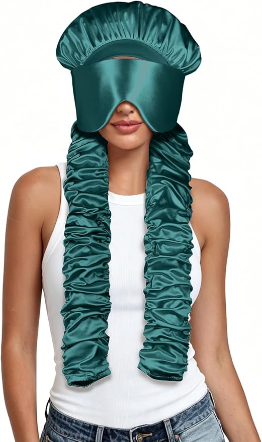 Satin Bonnet for Sleeping with Eye Mask，No Slip Sleep Bonnet with Long Curling Ribbons for Braids & Long Hair