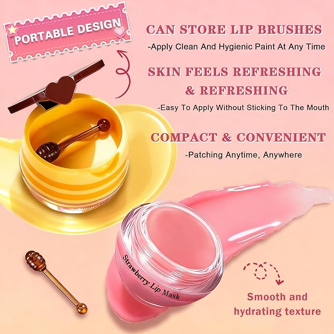 4 PCS Bee Lip Balm Honey Pot Hydrating & Preventing Dry Honey Balm Lip Balm Honey, Strawberry, Collagen, Chocolate Moisturizing Lip Sleeping Mask with Sticks