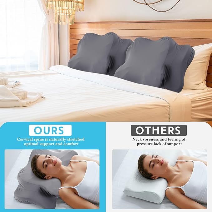 Hahafelt 2 Pcs Cooling Cervical Pillowcase with Zipper (Only Pillowcase) Ergonomic Cervical Neck Pillow Cover Breathable Cool Pillow Case for Side Back Stomach Sleepers(Dark Gray,Standard Size)