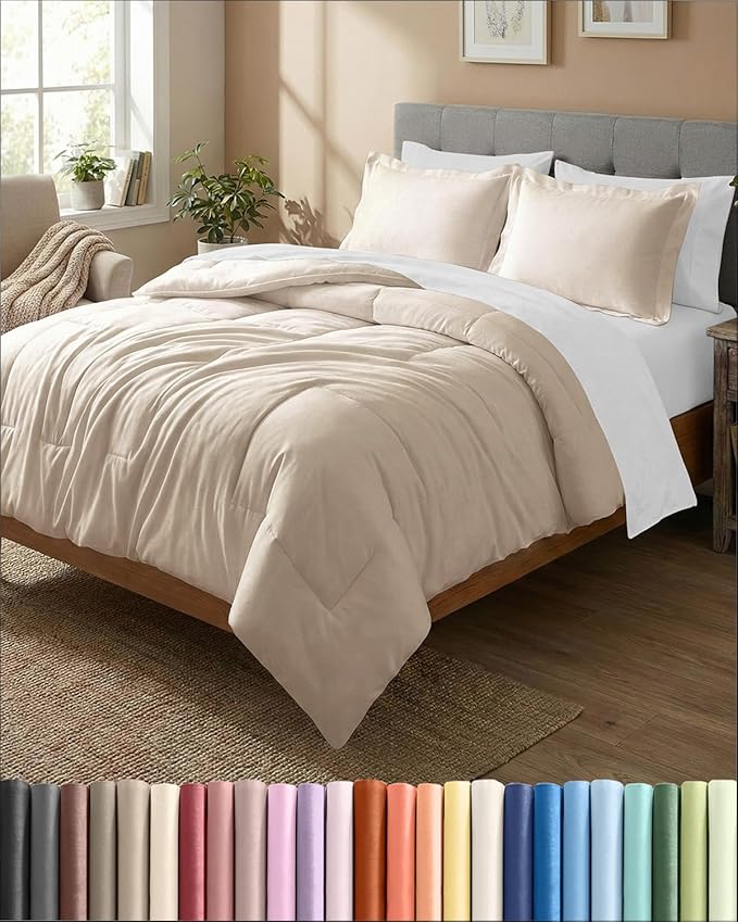 Full Comforter Set - 3 Piece Bed Set for All Seasons - 1 Soft Quilted Comforter with Corner Tabs & 2 Pillow Shams - Comfy, Cozy & Breathable - Premium Down Duvet Insert - Oeko-TEX - Full Size, Wheat