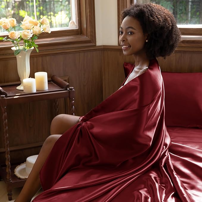 CozyLux Satin Sheets Twin Sheet Set - 3 Piece Silky Twin Bed Sheets, Luxury Burgundy Sheet Twin Size Bed Set with Smooth and Soft Microfiber, Includes 1 Fitted Sheet, 1 Flat Sheet and 1 Pillowcase