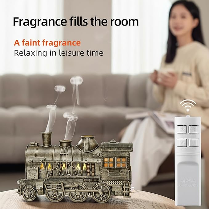 Retro Train Essential Oil Diffuser Humidifier 300ML - Steam Engine Cool Mist Humidifier with Dual Mist Modes & Auto Shut-Off, Quiet Aromatherapy Diffuser with Night Light for Home Office Decor