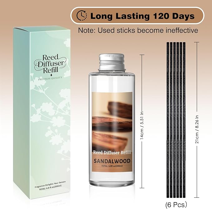 SCENTORINI Reed Diffuser Oil Refill, Sandalwood Diffuser Oil 6.76 Fl Oz, Natural Scented Essential Oil Refill Long Lasting Home Fragrance for Room Spa Aromatherapy Bathroom Home Decor