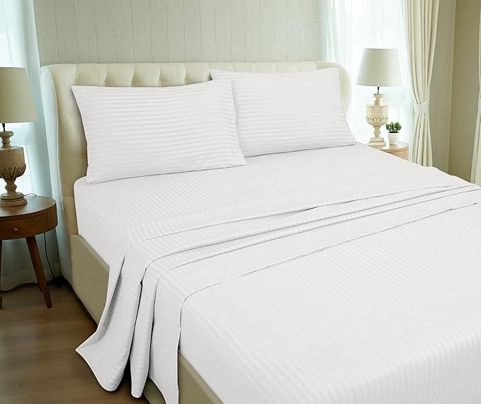 ROYALE LINENS 3 Piece Twin XL Sheets Set - Soft Brushed 1800 Microfiber - 1 Fitted, 1 Flat Sheet, 1 Pillow case - Wrinkle Free & Fade Resistant - Hotel Luxury Bed Sheets (Stripe White, Twin XL)
