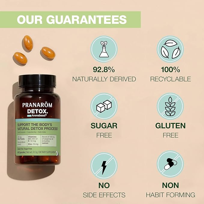 Pranarom - Aromaboost Detox Herbal Supplement - Eliminates Toxins and Drains The Body - Milk Thistle and Zinc - Vitamins D3 and E - Lemon Essential Oil - 60 Count