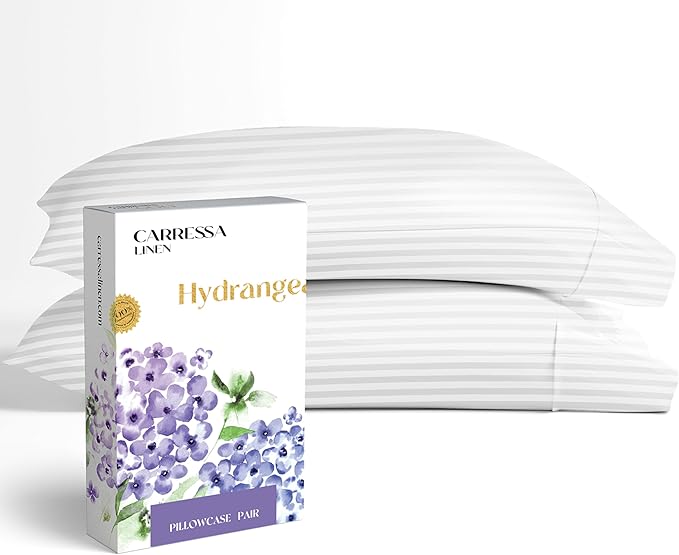 Carressa Linen 100% Egyptian Cotton Pillow Cases Queen Size Set of 2 - Luxury 600 Series Hydrangeas Collection Damask Standard/Queen Size Pillowcases (White Stripe), Soft, Cooling Hotel Quality