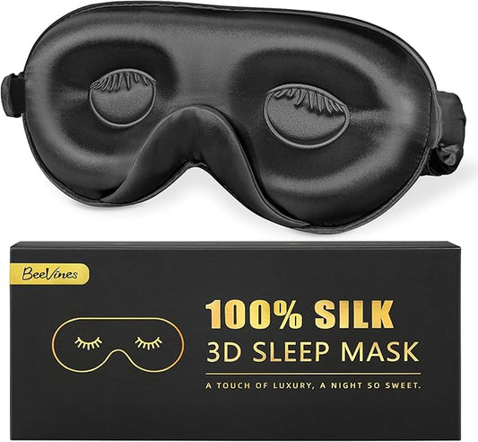 BeeVines Pure Silk 3D Contoured Sleep Mask for Women, Luxury 100% 22 Momme Mulberry Silk 3D Contoured Eye Mask for Lash Extensions, Zero Eye Pressure & Blackout(Black)