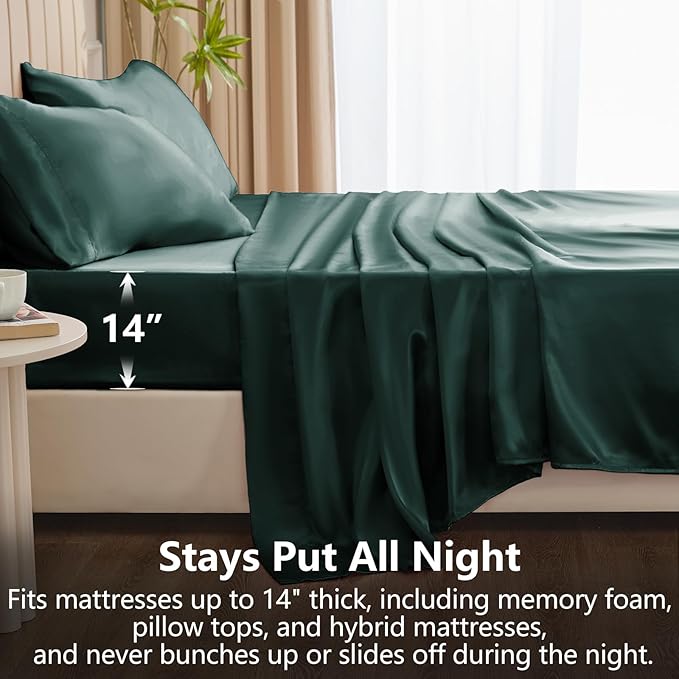 CozyLux Satin Sheets Queen Size Bed Set - 4 Piece Silky Queen Sheet Set, Luxury Deep Teal Queen Sheets with Smooth and Soft Microfiber, Includes 1 Fitted Sheet, 1 Flat Sheet and 2 Pillowcases