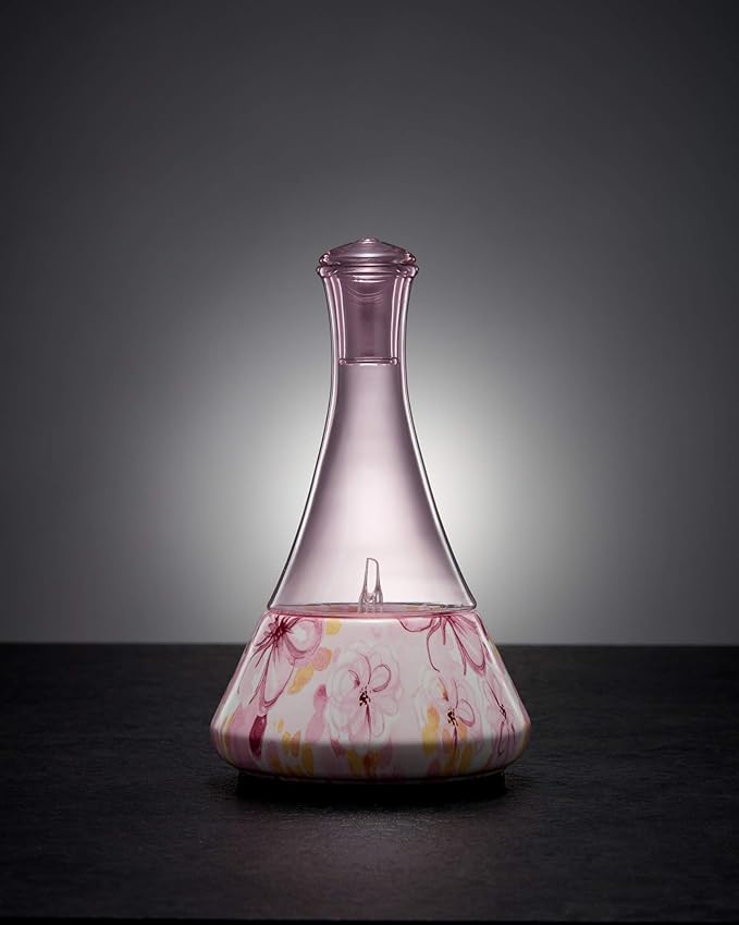 Opulence - Nebulizing Diffuser for Essential Oil/Aromatherapy with Pink Floral Ceramic Base and Pink Hand-Blown Glass with Touch Sensor Light Switch - No Heat, No Water, No Plastic