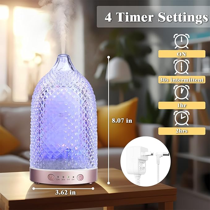 Glass Essential Oil Diffuser, 7 Colors Glass Diffusers for Essential Oils with 2 Mists Remote Control Auto-Off Timer, 200ML Aromatherapy Diffuser for Home Office Bedroom (Rose Gold)