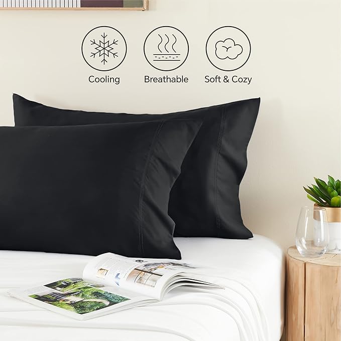 BEDELITE King Size Pillow Cases Set of 2, Rayon Derived from Bamboo, Cooling Pillow Cases for Hot Sleepers & Night Sweats, Breathable and Silky Soft Envelope Pillowcases(Black, 20"x40")