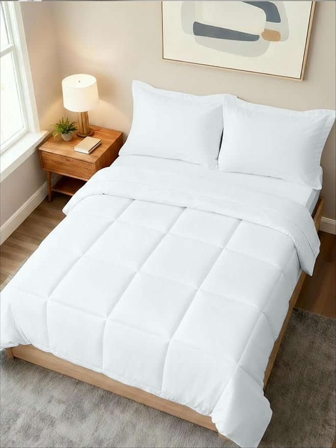 King Comforter Set - 3 Piece Bed Set for All Seasons - 1 Soft Quilted Comforter with Corner Tabs & 2 Pillow Shams - Comfy, Cozy & Breathable - Premium Down Duvet Insert - Oeko-TEX - King Size, White