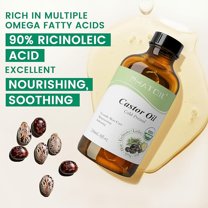 PHATOIL Castor Oil Organic Cold Pressed Unrefined Glass Bottle with Pump, 236 ml (8 fl.oz) USDA Certified Organic Castor Oil for Hair Growth, Eyelashes, Eyebrows, Pack Wraps, Carrier Oil, Hexane Free