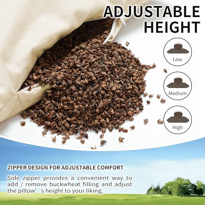 Organic Buckwheat Pillow for Sleeping with Organic Cotton Pillowcase - 14''x20'' Adjustable Pillow, Breathable for Cool Sleep, Cervical Support for Back and Side Sleepers(Tartary Buckwheat Hulls)