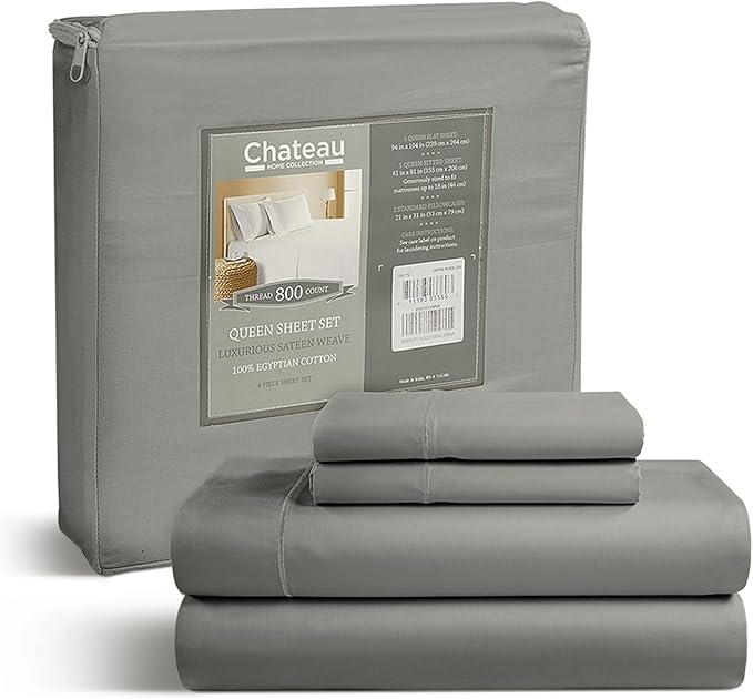 100% Egyptian Cotton XL Twin Sheets Set, 800TC Sateen Weave 3PC Twin XL Bed Sheets, 15" Deep Pocket Fully Elasticated Sheet & Pillowcase Sets, Soft & Comfy Machine Washable Fade Resistant - Silver