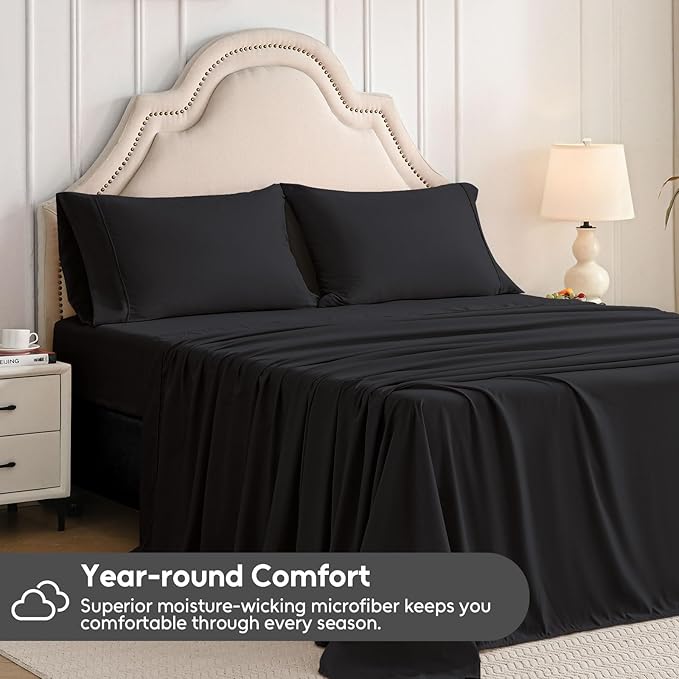 Twin Sheets Set, 3 Pieces Hotel Luxury Soft Microfiber Bed Sheets Set, Up to 16" Deep Pockets, Oeko-Tex Sheets with Elastic, Breathable, Wrinkle Free(Black,Twin)