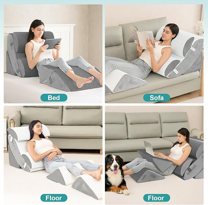Hansleep Bed Wedge Pillow Set for After Surgery 6PCS, Post Surgery Pillow for Sleep Apnea and Acid Reflux Relief, Adjustable Reading Pillows Back Support with Memory Foam, Grey, 23"