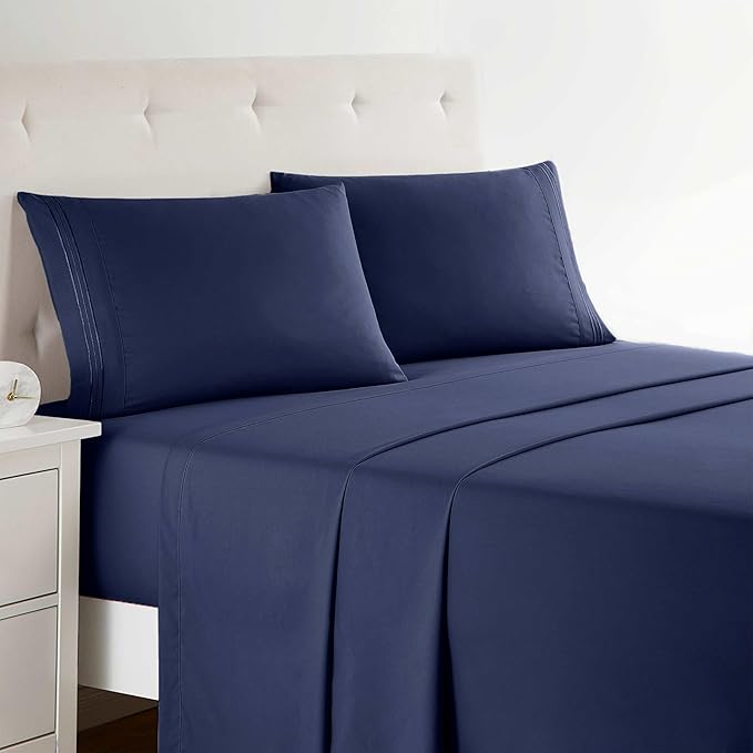 Clara Clark Bed Sheets, Premier 1800 Series 4 Piece Bed Sheet Set, Deep Pocket, Wrinkle, Fade, Stain Resistant, Luxury Soft Bedding Sheets & Pillowcases, Split King, Navy Blue