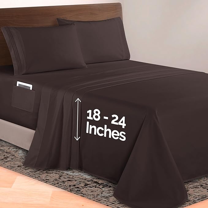 Elegant Comfort Luxurious 1500 Premium Hotel Quality Microfiber 4-Piece Sheet Set, 18-24 Inches Deep - Extra Deep Pocket Sheets - Ultra Soft 4PC Deep Pocket Sheets, California King, Chocolate Brown