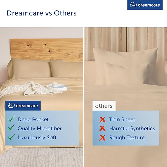 DREAMCARE King Size Sheets Set - 6 pcs Breathable Cooling Bed Sheets - up to 21" Extra Deep Pocket King Sheet Set with Side Pockets - Extra Soft 100% Brushed Hypoallergenic Hotel Luxury Bedding, Wheat