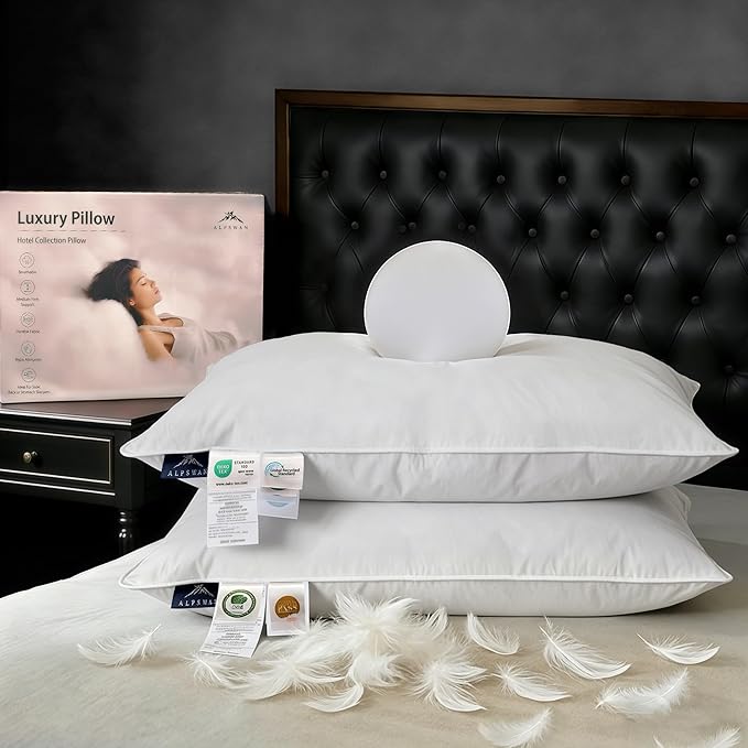 Goose Down Pillow, Hotel Quality with Feather Fill, 750 Fill Power - 2 Pack with Pillowcase for Master Bedroom, Support for Back, Side, Stomach Sleepers (King Size 20” x 36”)