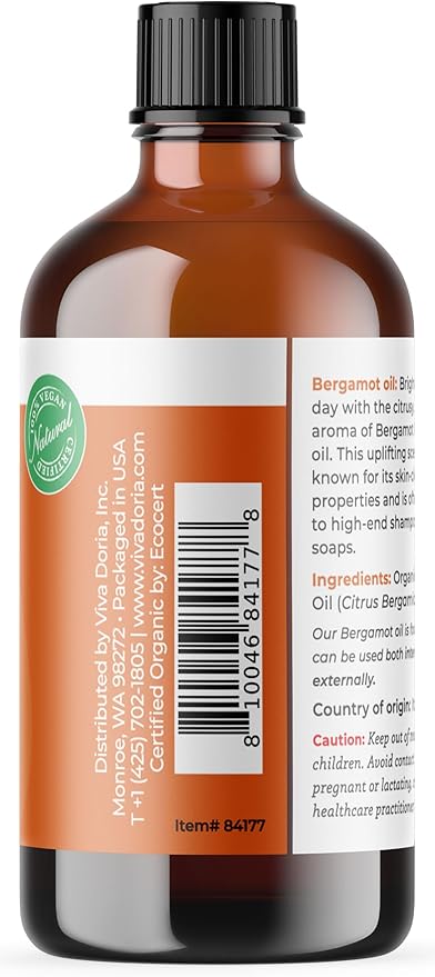 Viva Doria Bergamot Essential Oil, USDA, Certified Organic Bergamot Oil, 100% Pure, Natural Essential Oil, Undiluted, for Aromatherapy | Food Grade, 118 mL (4 Fluid Ounce)