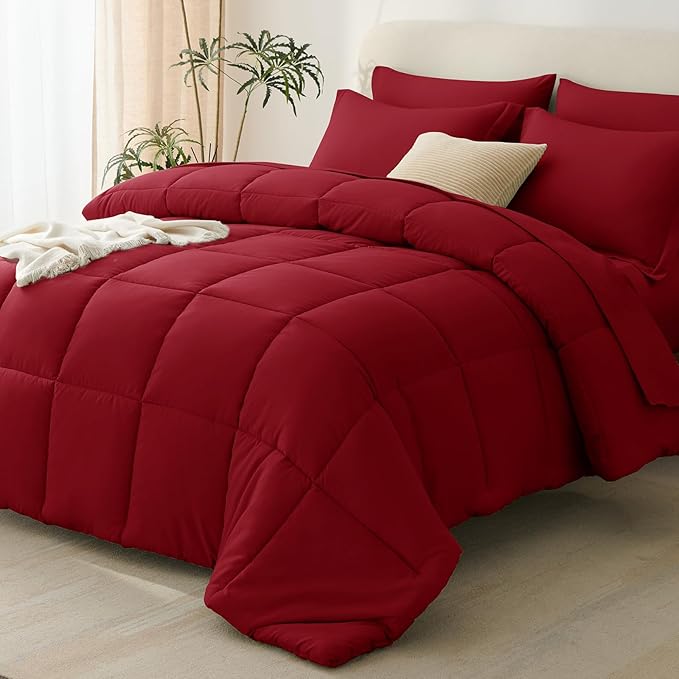 CozyLux King Size Comforter Set Dark Red - 7 Pieces Bed in a Bag King, Okeo-Tex Certifited Bedding Set, All Season Soft Bed Set with Down Alternative Comforter, Sheets, Pillowcases & Pillow Shams
