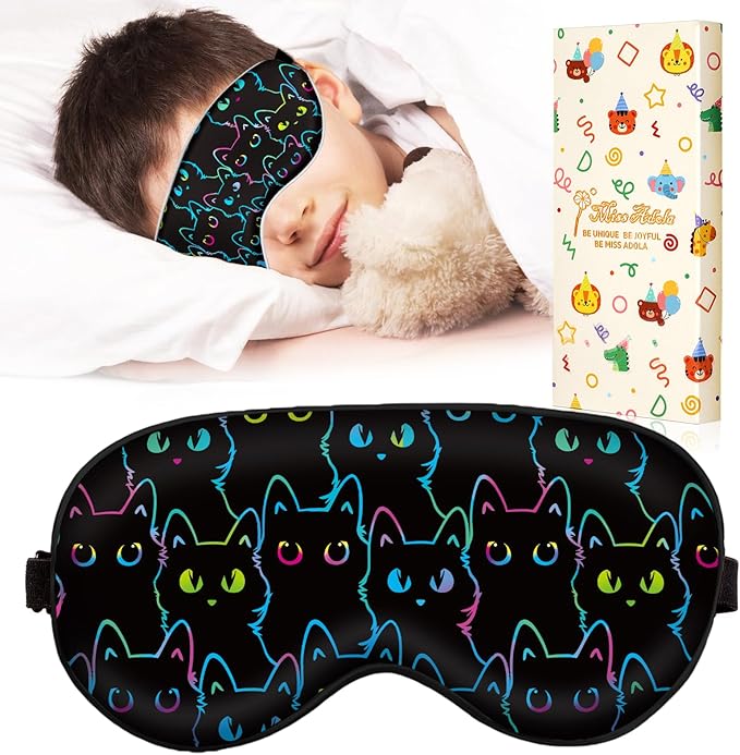 Miss Adola Sleep Mask for Kids - Cute Kawaii Cartoon Silk Sleeping Mask with Adjustable Strap Soft Smooth Light Eye Mask for Sleeping Silk Kids Eye Cover for Boys Girls Teens, Luminous Black Cats