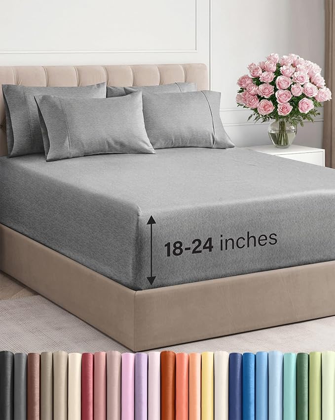 Extra Deep King Sheet Set - 6 Piece Breathable and Cooling Sheets - Hotel Luxury Bedding for Women, Men, Kids & Teens - Easy & Secure Fit - Soft and Wrinkle Free - Extra Deep Pockets - Heathered Grey