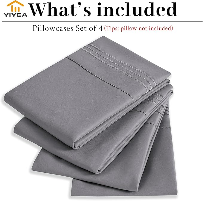 YIYEA California King Pillow Cases Set of 4, Ultra Soft 1800TC Hotel Quality Double Brushed Microfiber Embroidered Pillowcases, Envelope Closure, Fade Resistant (20"x40", Medium Grey)
