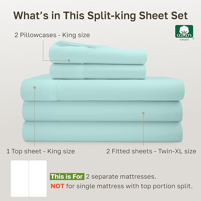 California Design Den Soft 100% Cotton Bed Sheets Split King Set, 400 Thread Count Good Housekeeping Award Winner, Smooth Sateen Finish, Deep Pockets, Cozy & Durable Split King Bedding Set - Seafoam