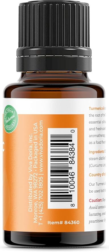 Viva Doria Turmeric Essential Oil, 100% Pure, Natural Turmeric Essential Oil, Undiluted, for Aromatherapy | Food Grade, 15 mL (0.5 Fluid Ounce)