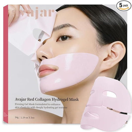 Avajar Red Collagen Hydrogel Mask, Face Mask with PDRN Intensely Hydrating Overnight Jelly Gel Mask with Rejubebe™ & Hyaluronic Acid for Pore Minimizing & Elasticity Korean Skin Care, 5 Pcs