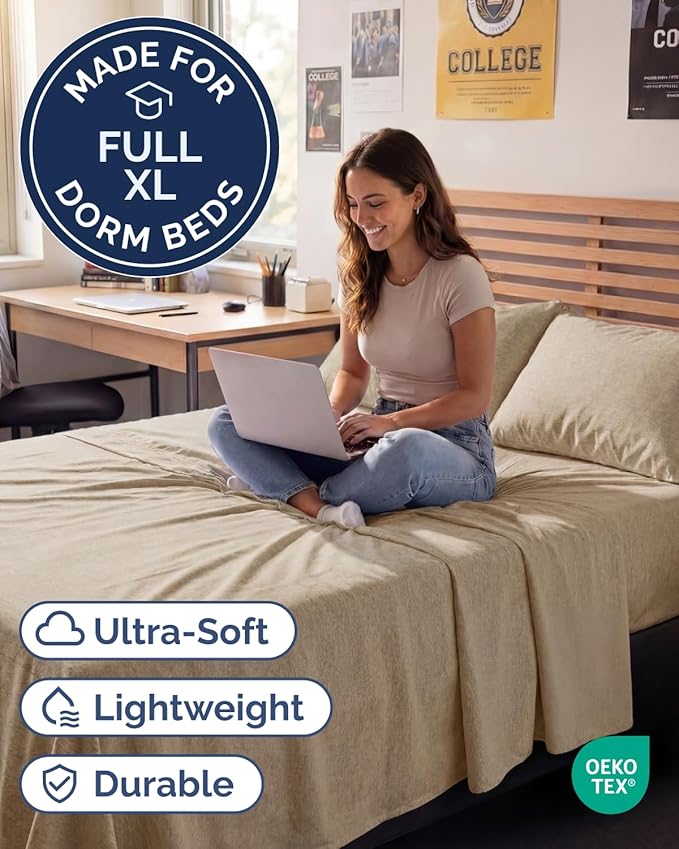Full XL Bed Sheet - 4 Piece Full XL Bed Sheets Set - Soft, Breathable & Cooling - Hotel Luxury Bedding for Women & Men with Deep Pockets - Wrinkle Free & Fade Resistant - Oeko-Tex - Heathered Beige