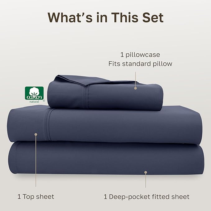 California Design Den Soft 100% Cotton Twin Size Bed Sheets Set, 400 Thread Count Good Housekeeping Award Winner, Smooth Sateen Finish, Cozy and Durable Twin Bedding Set - Indigo Dusty Blue