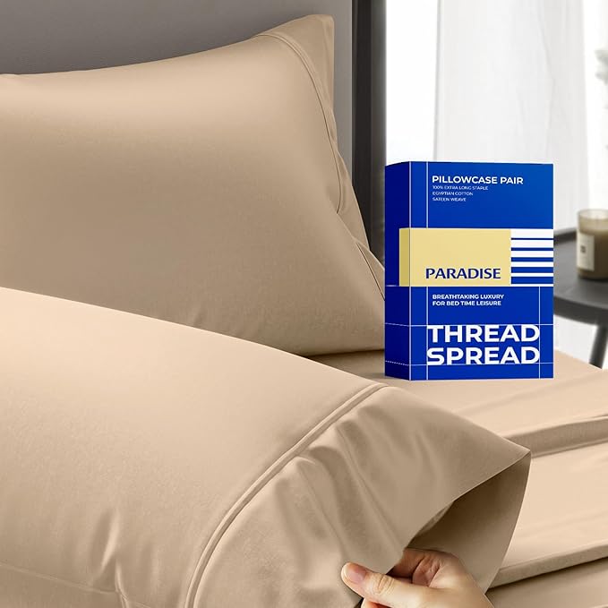 Thread Spread 100% Egyptian Cotton King Size Pillow Cases Set of 2 - Luxury 1000 Series Paradise Collection Pillow Cases King Size (Taupe), Soft Cooling Hotel Egyptian Cotton Pillowcases
