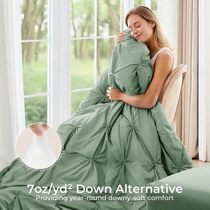 Sasttie Full Size Comforter Set, 7-Piece Bed in a Bag Double, Pintuck Bedding Set for All Season, Includes Comforter, Flat Sheet, Fitted Sheet, Pillowcases and Pillowshams, Sage Green